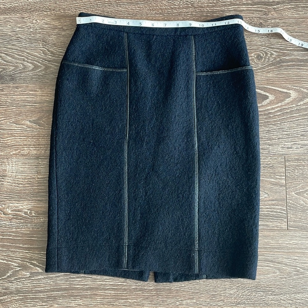 BCBG Maxazria "Kimi" Pencil Skirt Fully Lined Faux Leather Trim, Navy, XS